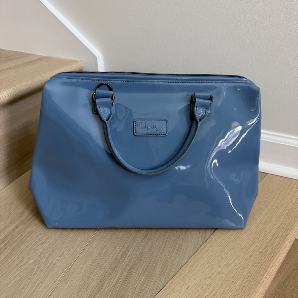 Lipault Paris Plume Steel Blue Patent Leather Bowling Bag Weekend Satchel